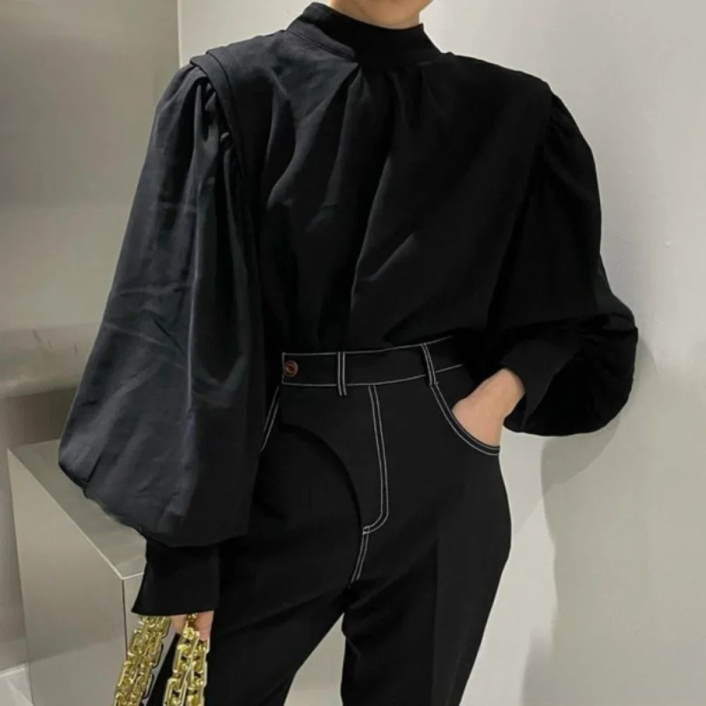 Black Lantern Sleeve ButtonUp Blouse