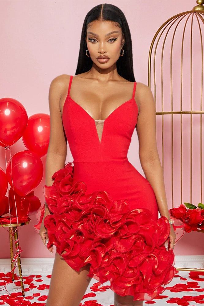 Spaghetti Strap Ruffled Asymmetric Hem Bodycon Mini Dress 4