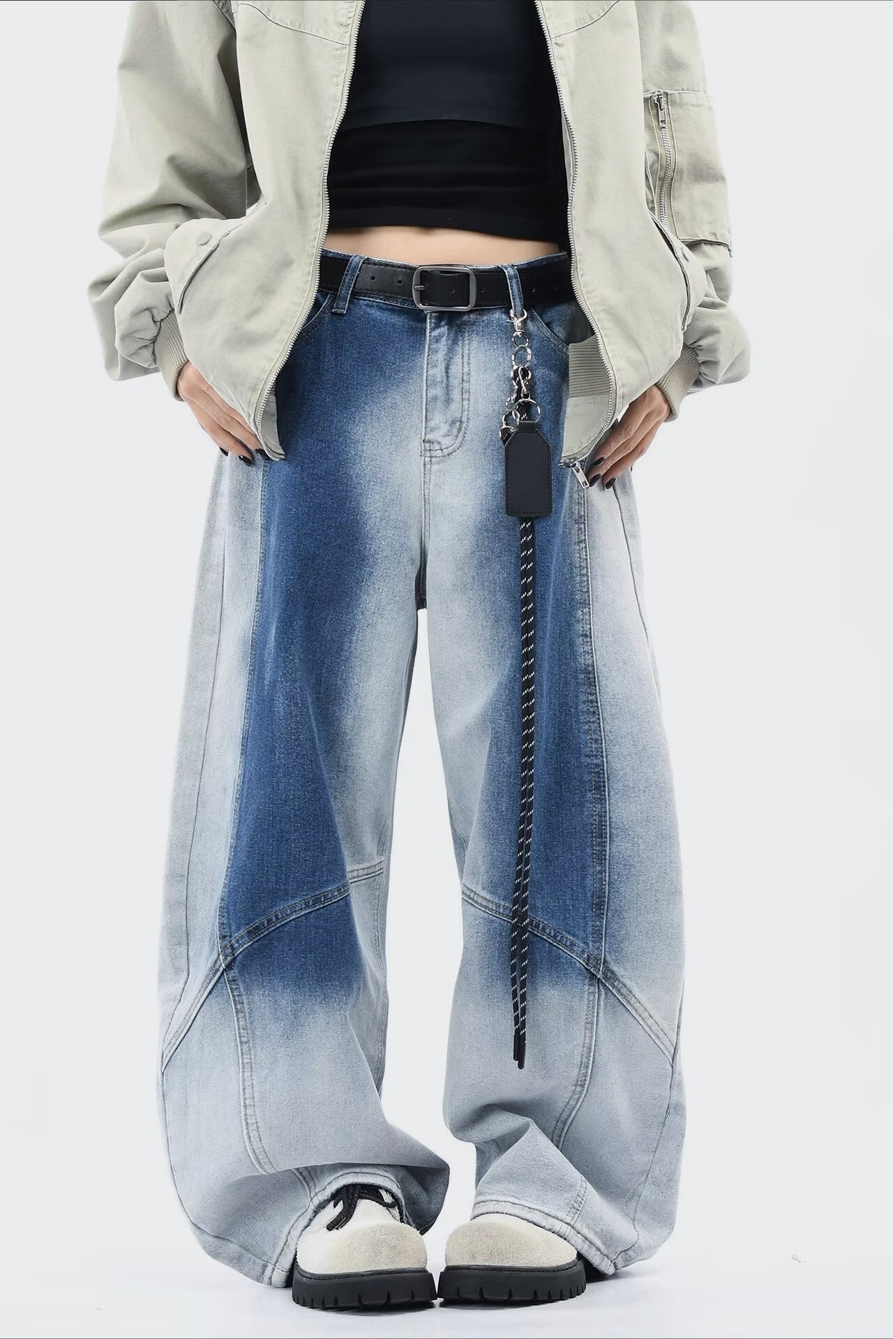 Washed Fade Curved Cut Wide Jeans