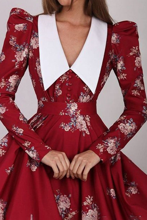 Contrast Collar Puff Sleeve Belted Ditsy Floral Print Midi Dress 8