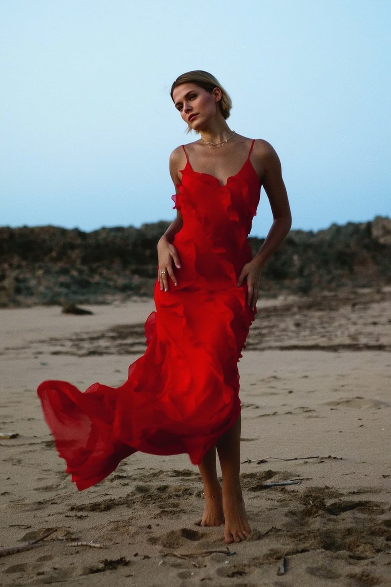 Sexy Backless Slit Fitted Spaghetti Strap Chiffon Ruffled Party Dress