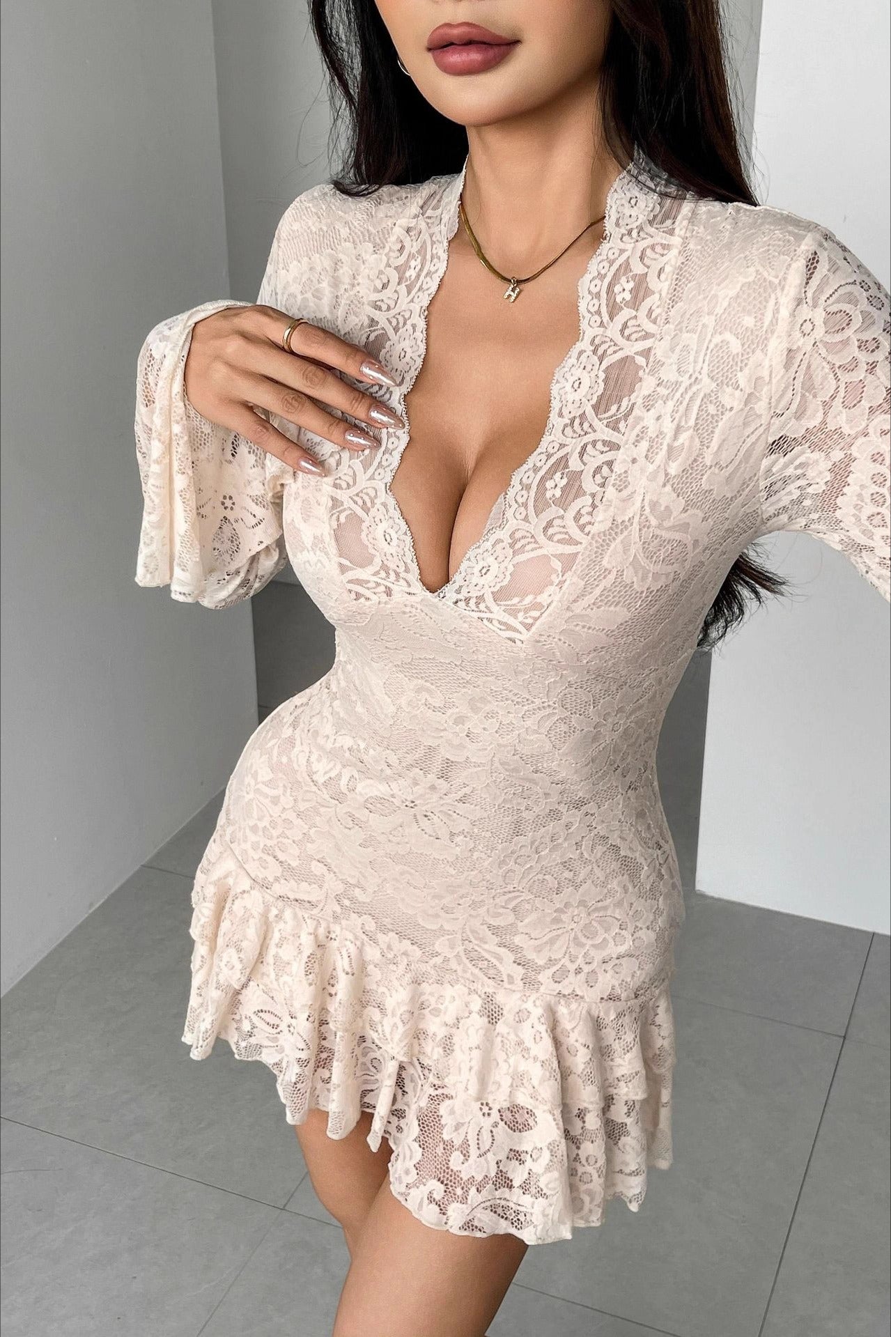 Lace VNeck Double Ruffle Bodycon Dress