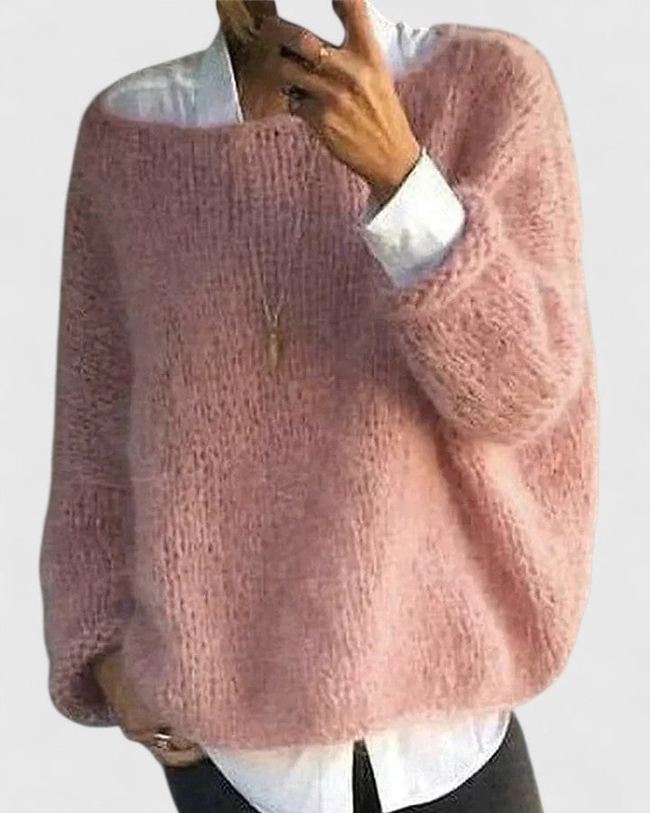 Round Neck Fuzzy Mohair Knit Long Sleeve Loose Sweater