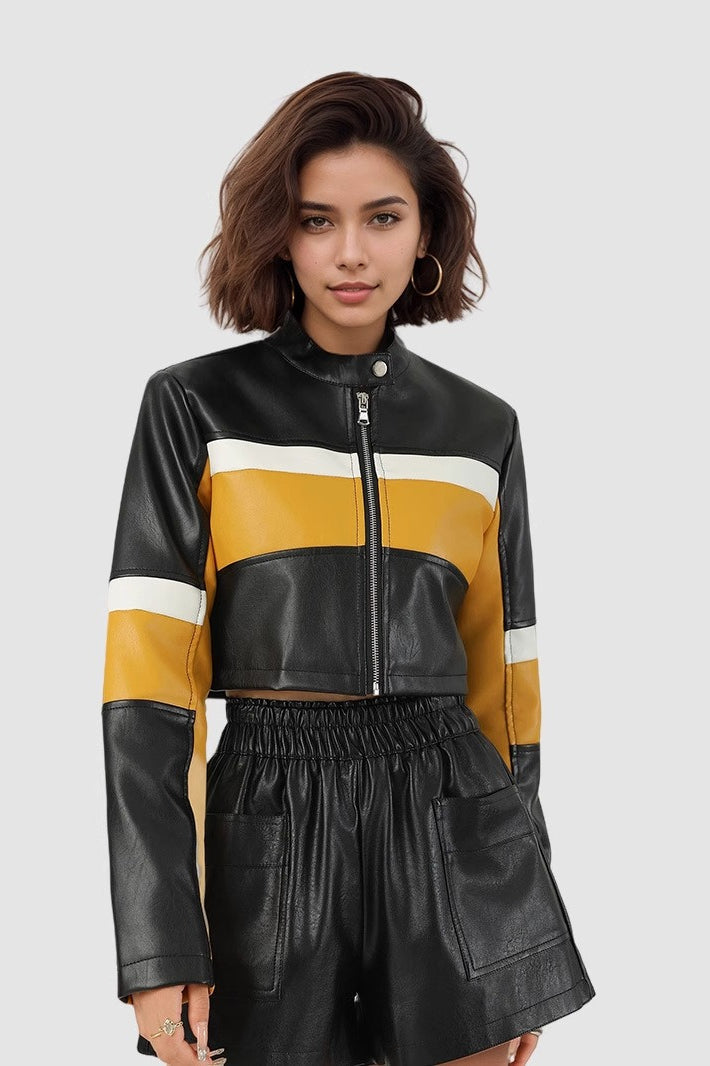 Sexy Contrast-Panel PU Stand-Collar Slim Crop Jacket