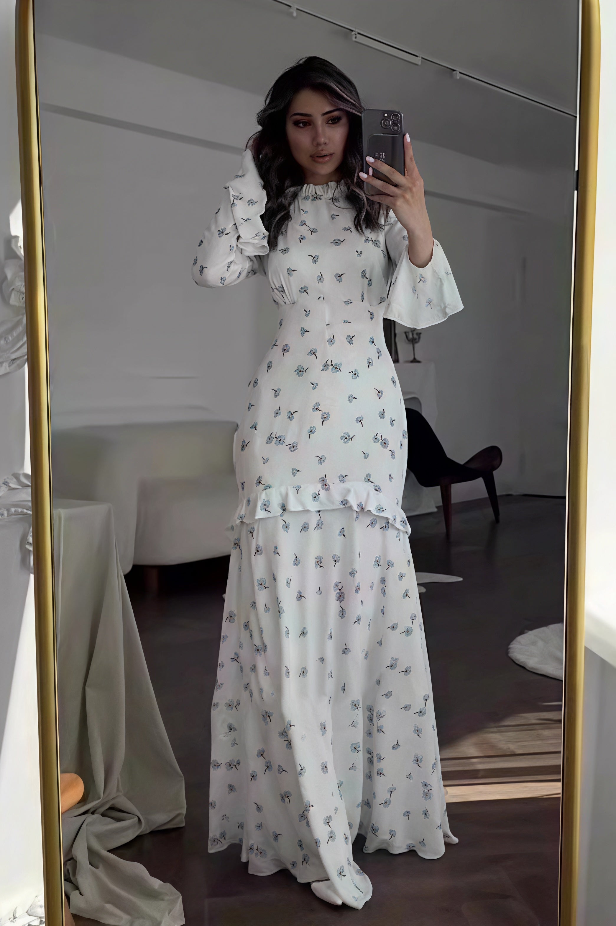 White Mock Neck Long Sleeve Bell Cuff Tiered Ruffle Ditsy Floral Maxi Dress 3