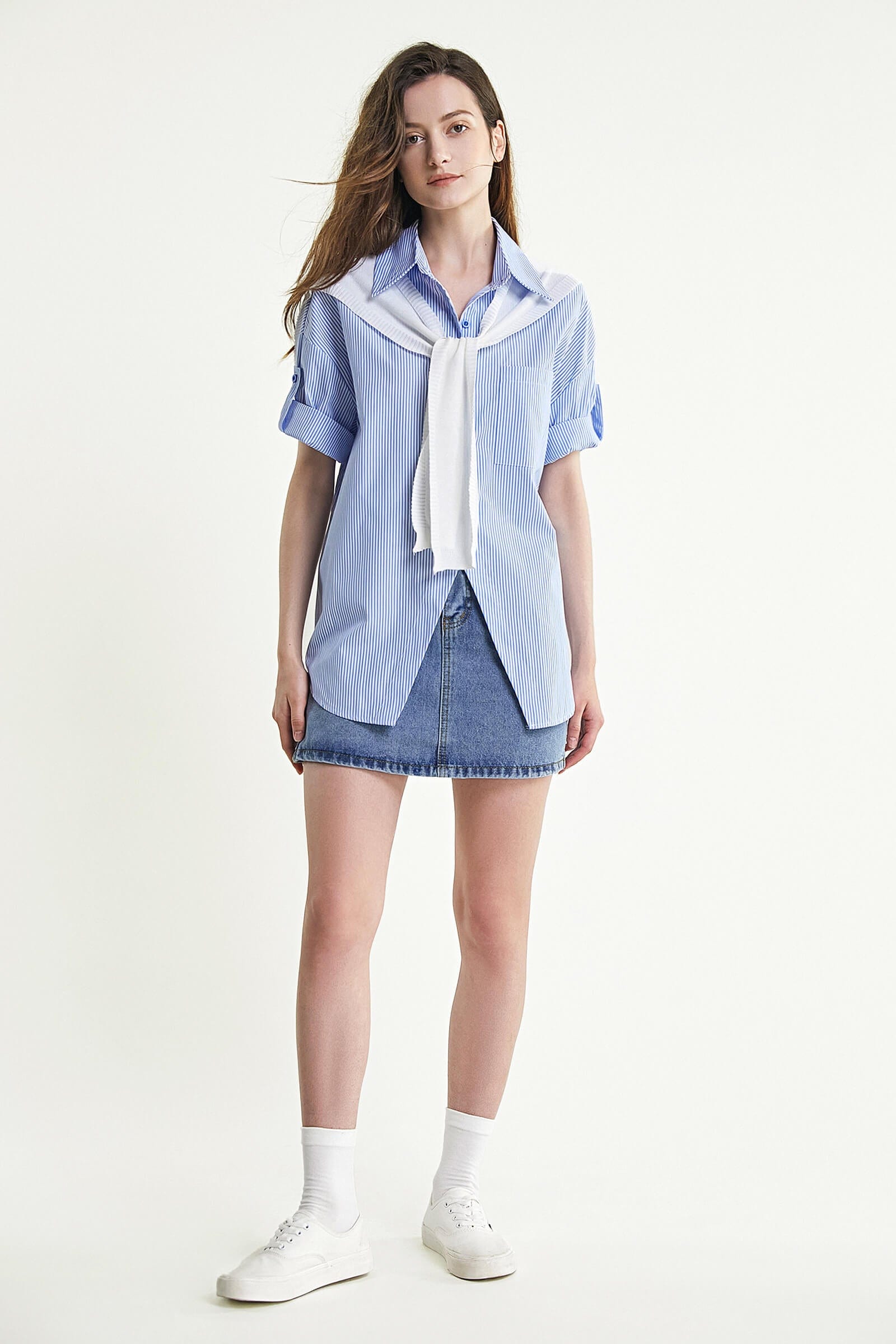 Light Sky Blue Striped Roll-Tab Sleeve Shirt With Square Scarf Shawl