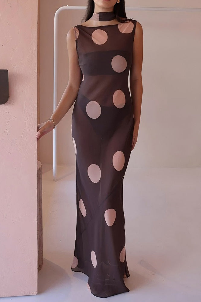 Brown Polka Dot Sleeveless Bodycon Maxi Dress