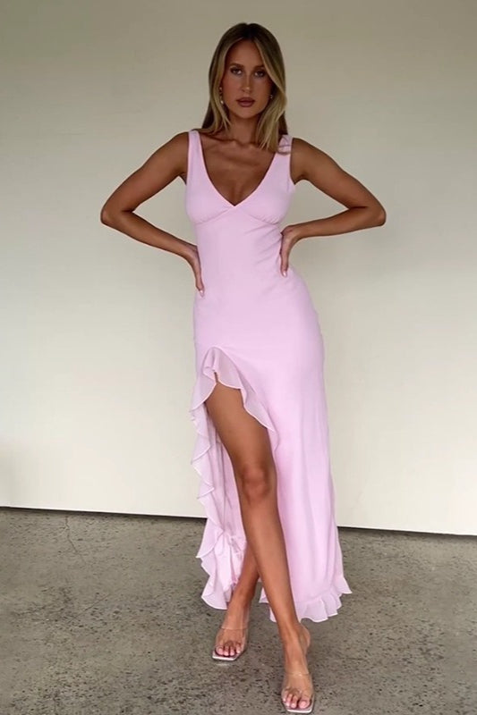 V-Neck Ruffled Slit Cami Midi Dress