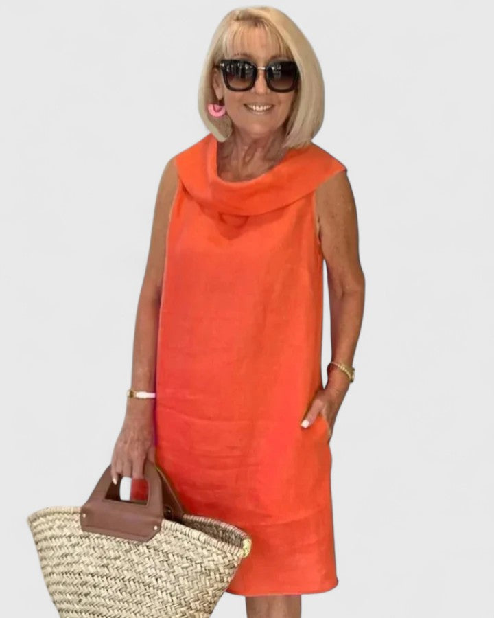 Cowl Neck Sleeveless Linen Shift Midi Dress