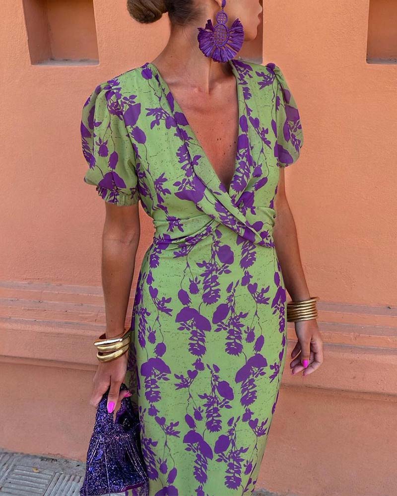 Deep V-Neck Twist Front Floral Print Puff Sleeve Bodycon Midi Dress