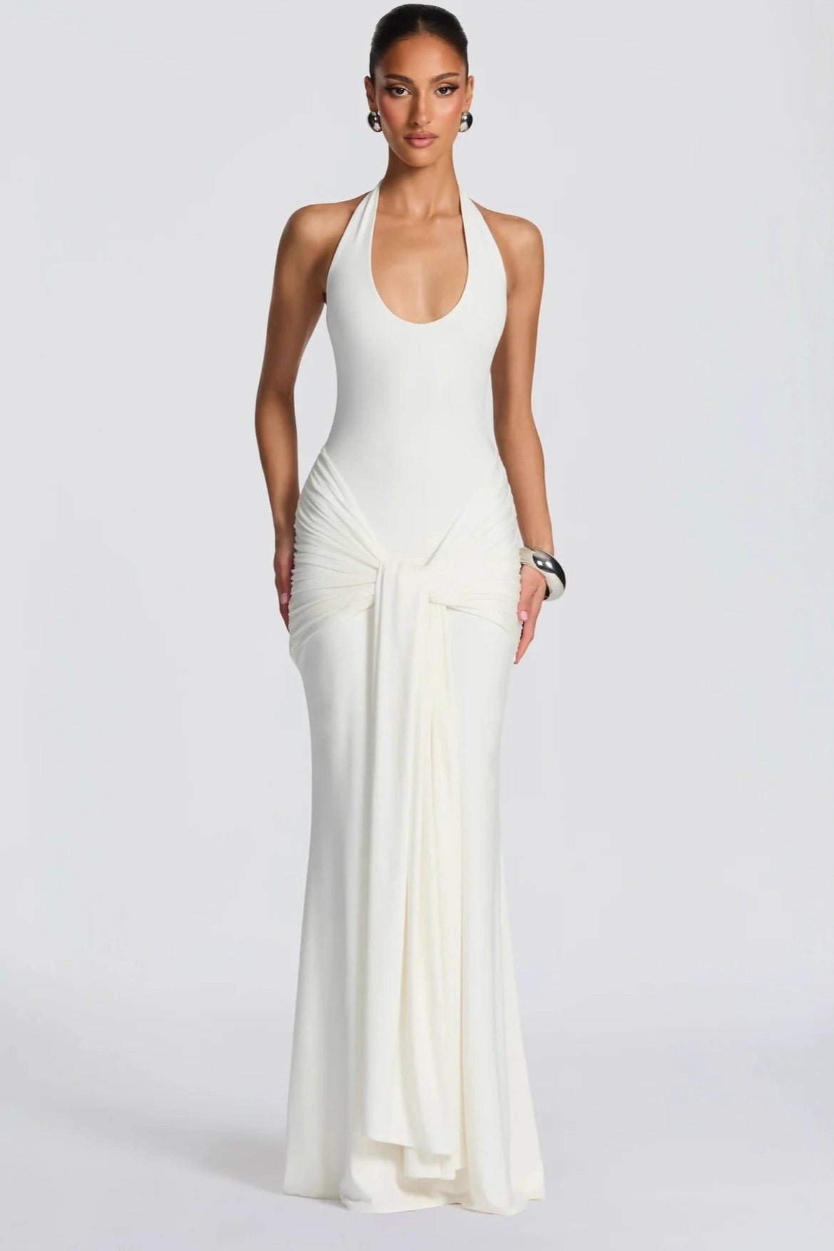 U Neck Halter Sash Panel Bodycon Party Dress