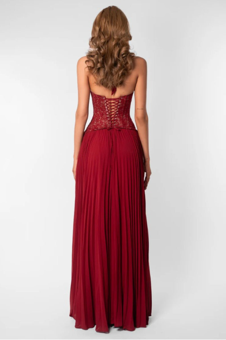 Halter Deep V Neck Lace Bodice Accordion Pleated Maxi Dress 8
