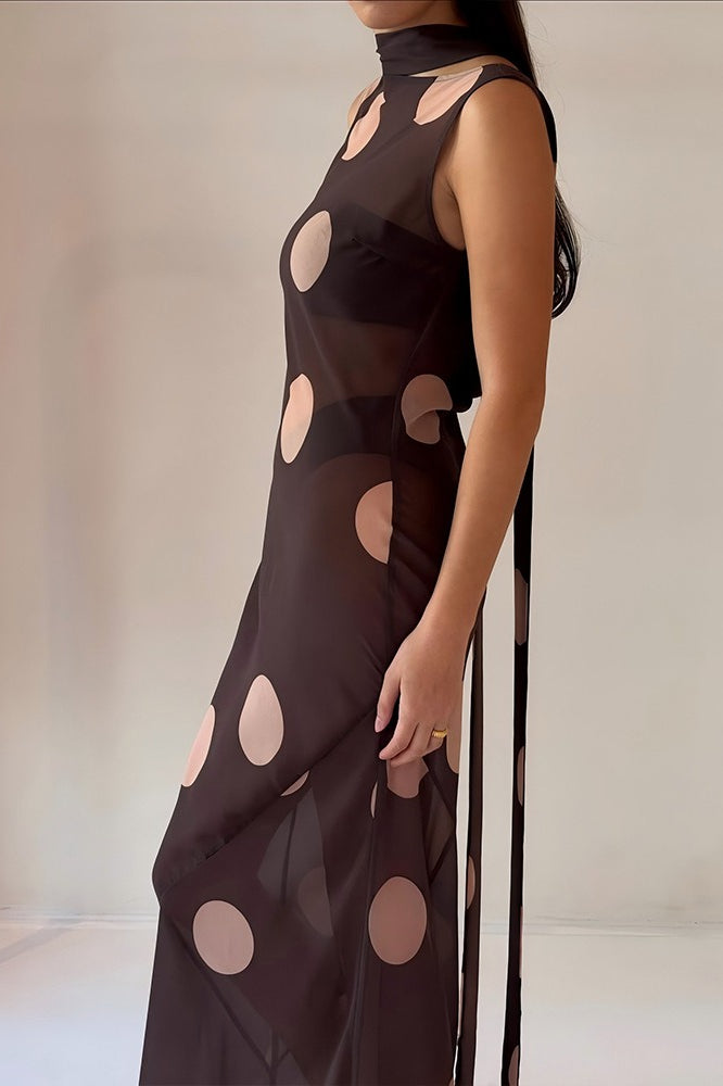 Brown Polka Dot Sleeveless Bodycon Maxi Dress 3