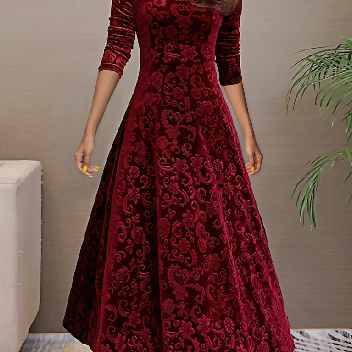 V-Neck Floral Burnout Velvet Long Sleeve A-Line Maxi Dress 10
