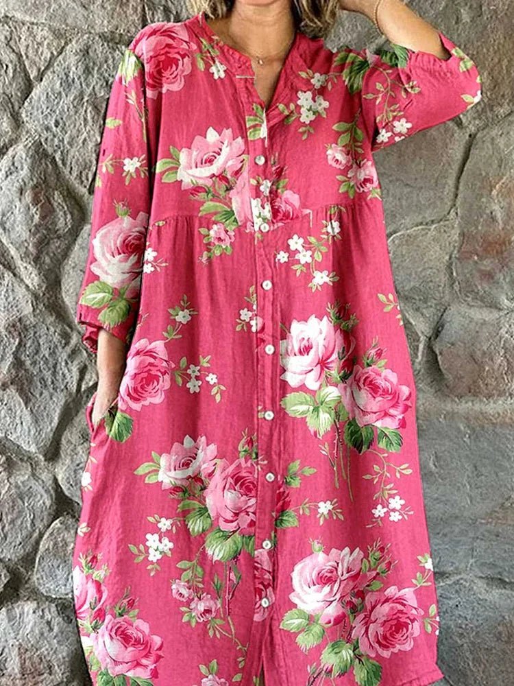 Pink Rose Split Neck Rose Floral Button Front Long Sleeve Shift Midi Dress