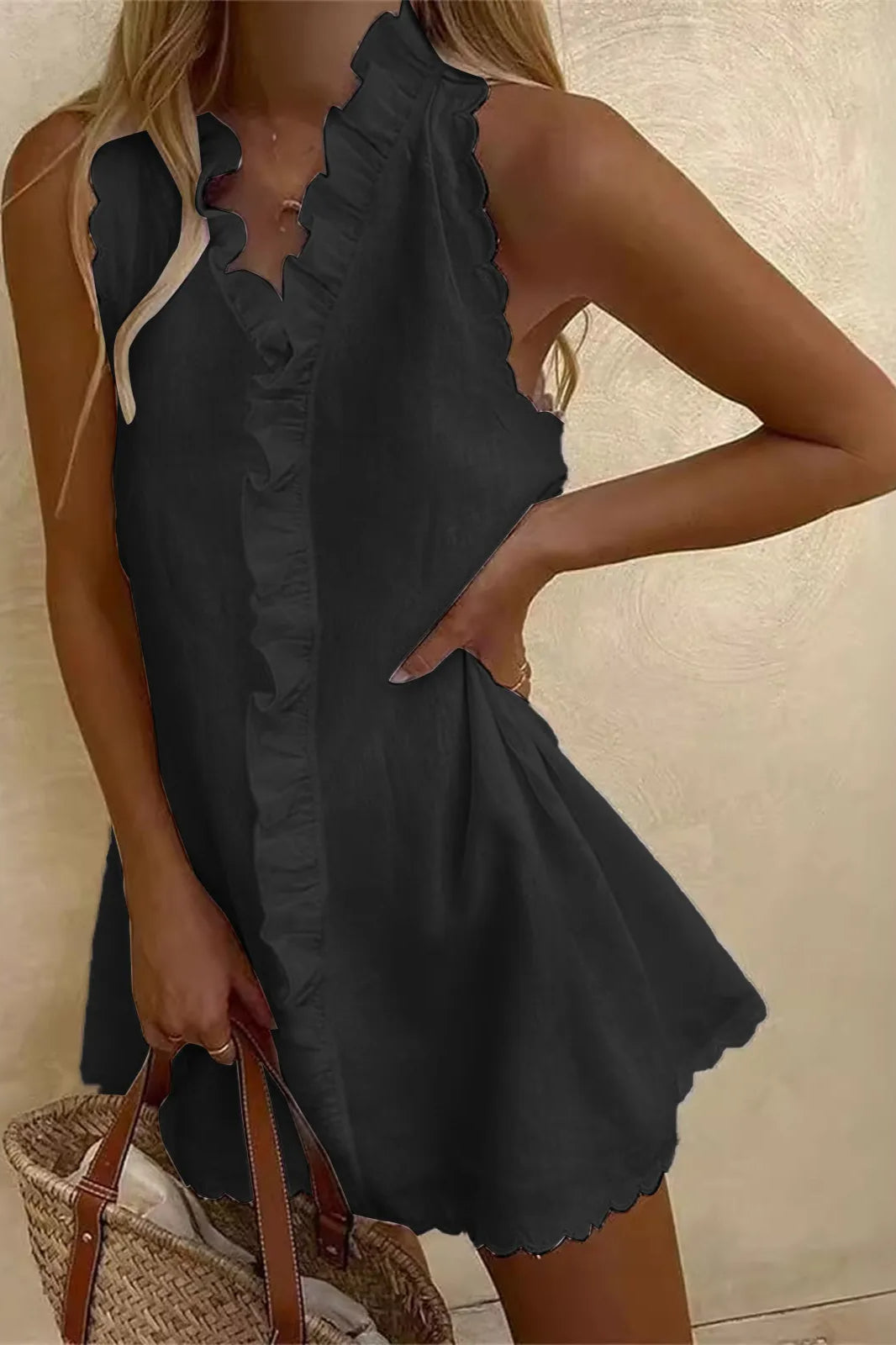 V Neck Ruffle Cotton Linen Mini Dress