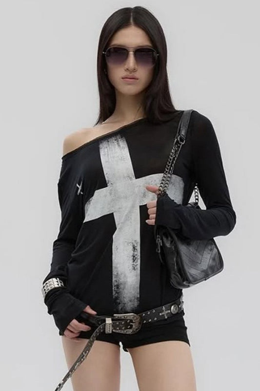 Cross Print Asymmetrical TShirt