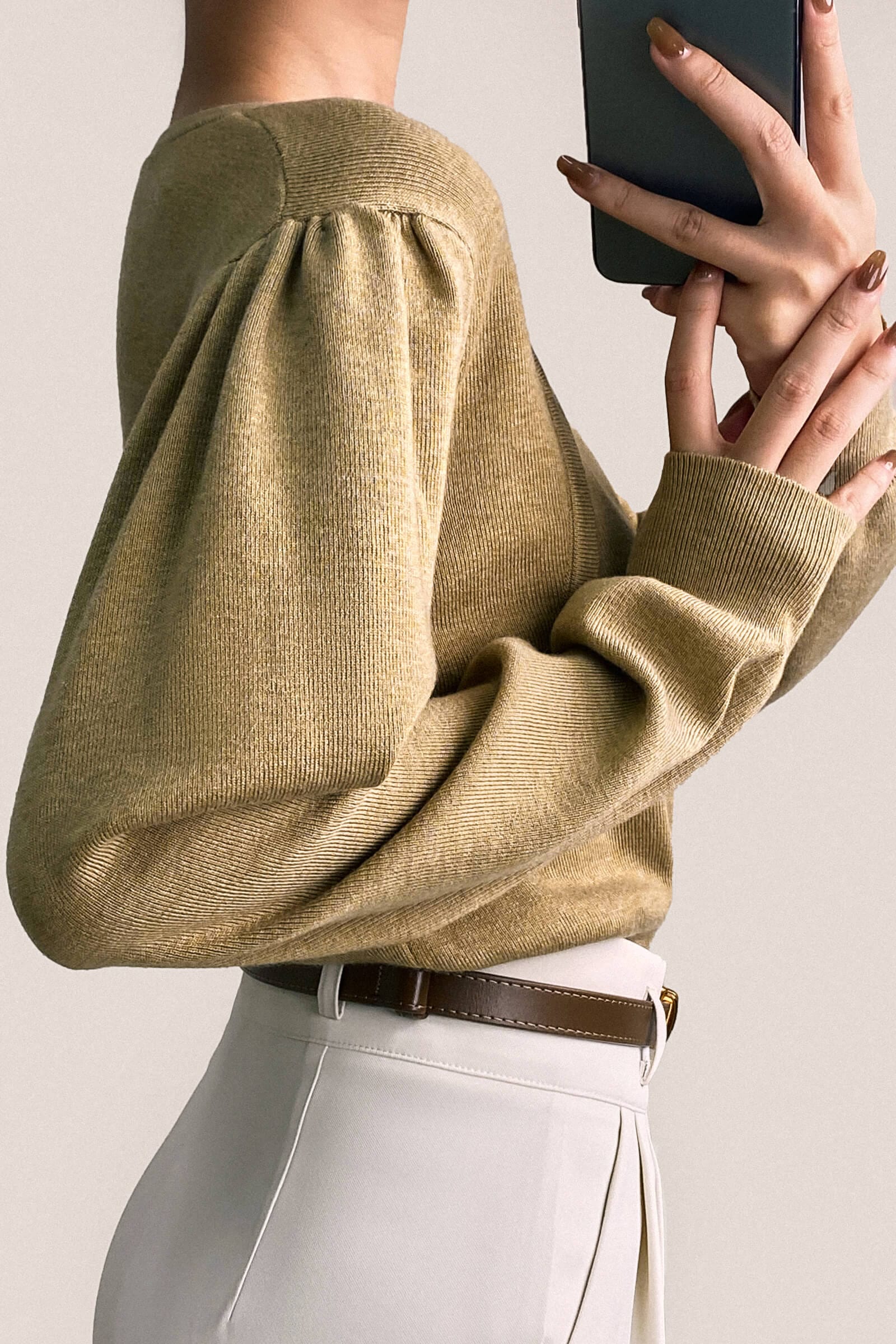 Dark Khaki Wool-Blend Strap Detail Asymmetric Neck Sweater