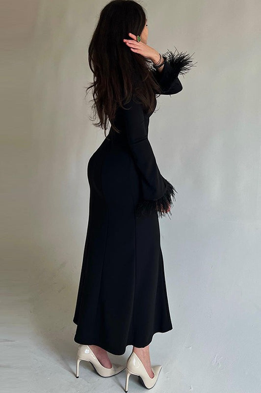 Black Feather Trim Bodycon Maxi Sweater Dress 3