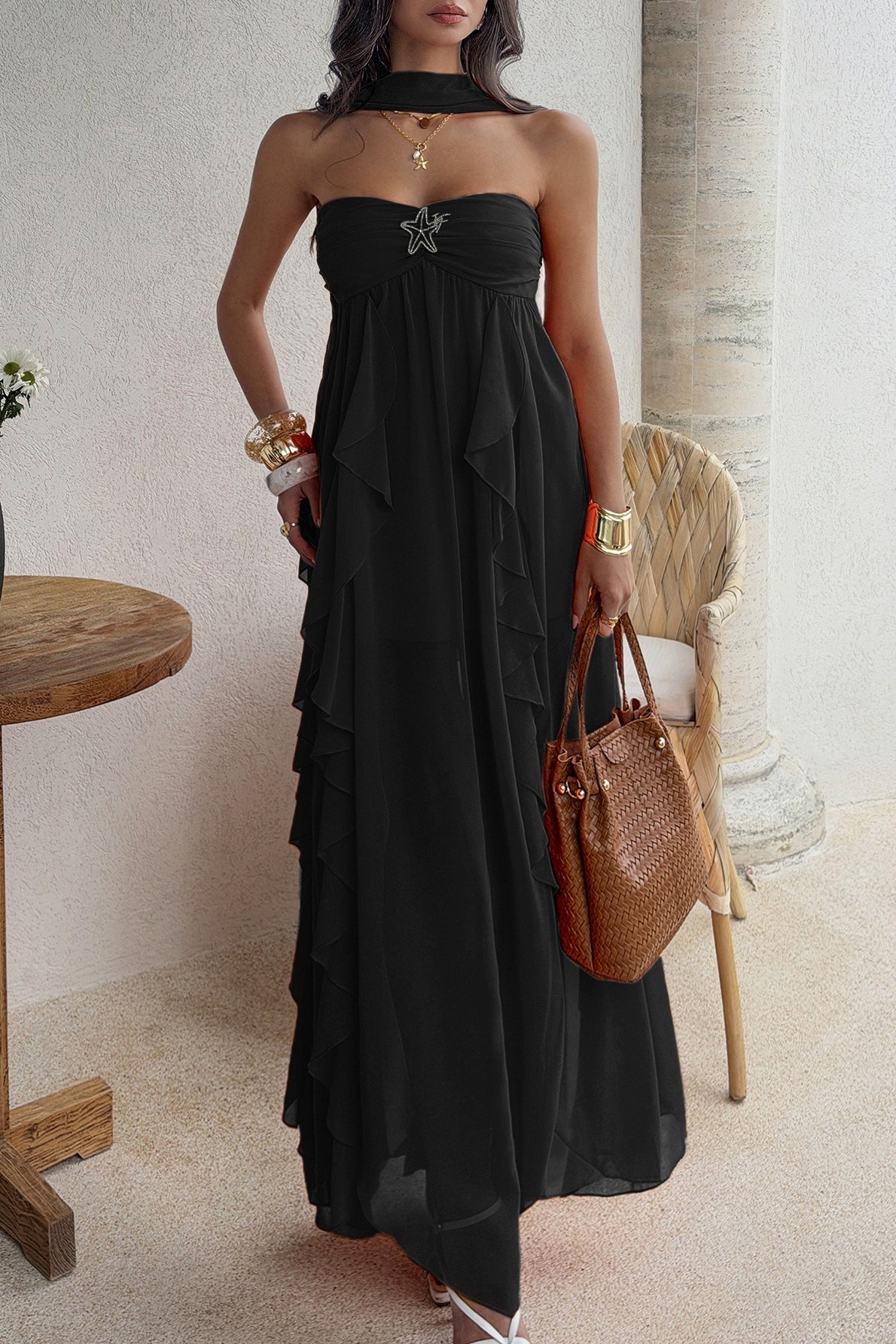 Strapless Starfish Detail Tiered Ruffle Chiffon Maxi Dress 4