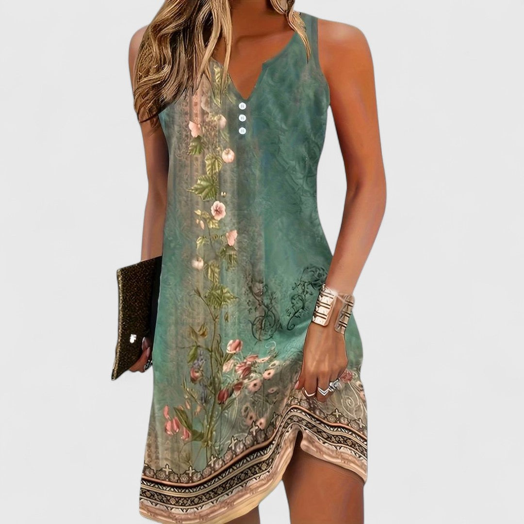 Split V-Neck Button Front Sleeveless Shift Mini Dress