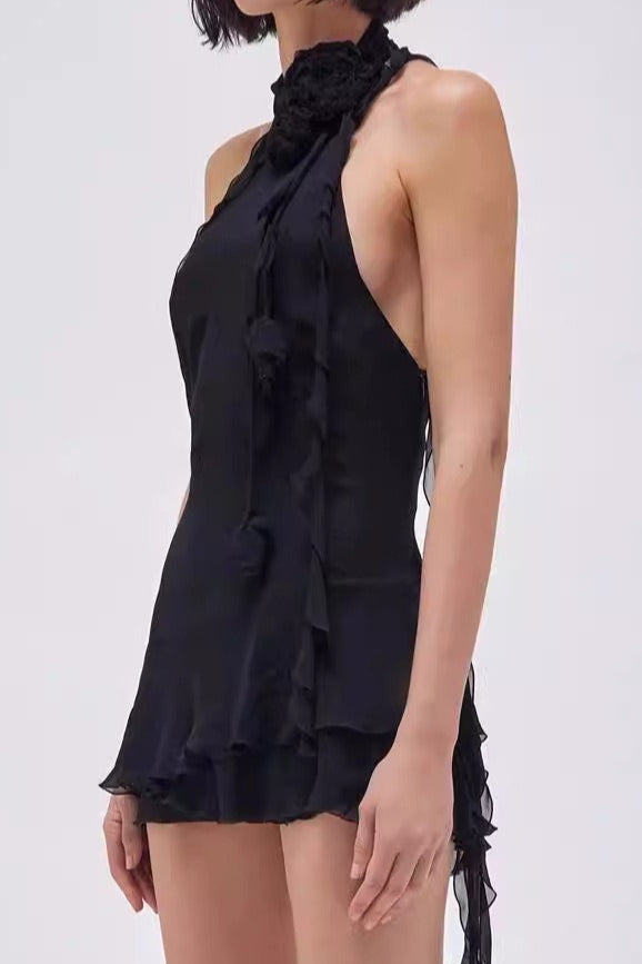 Asymmetric Rosette Applique Halter Mini Dress 4