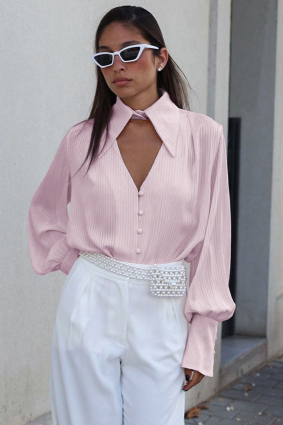 Collared Long-Sleeve Loose Elegant Blouse