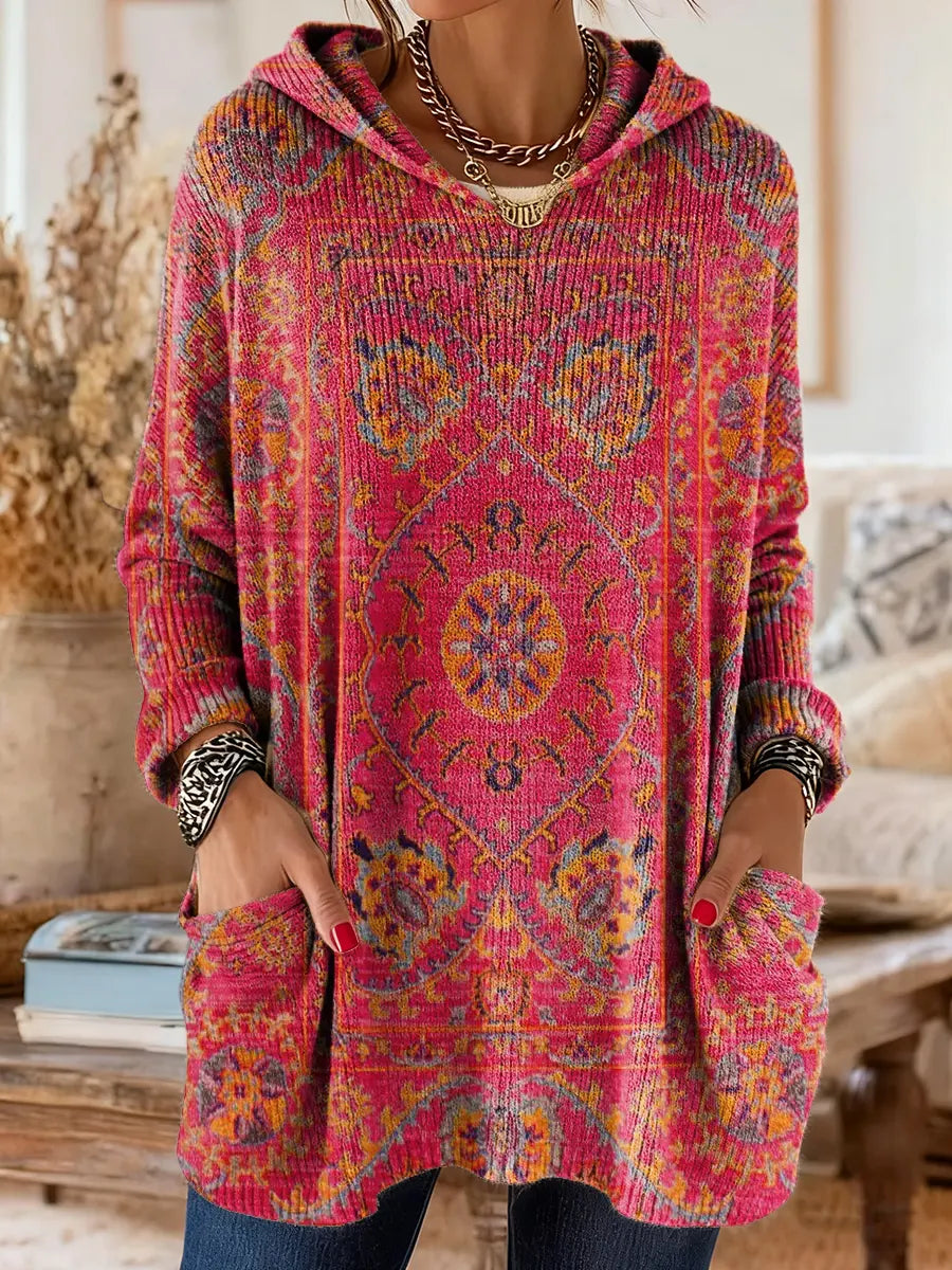 Hooded Ethnic Print Long Sleeve Pocket Knit Sweater