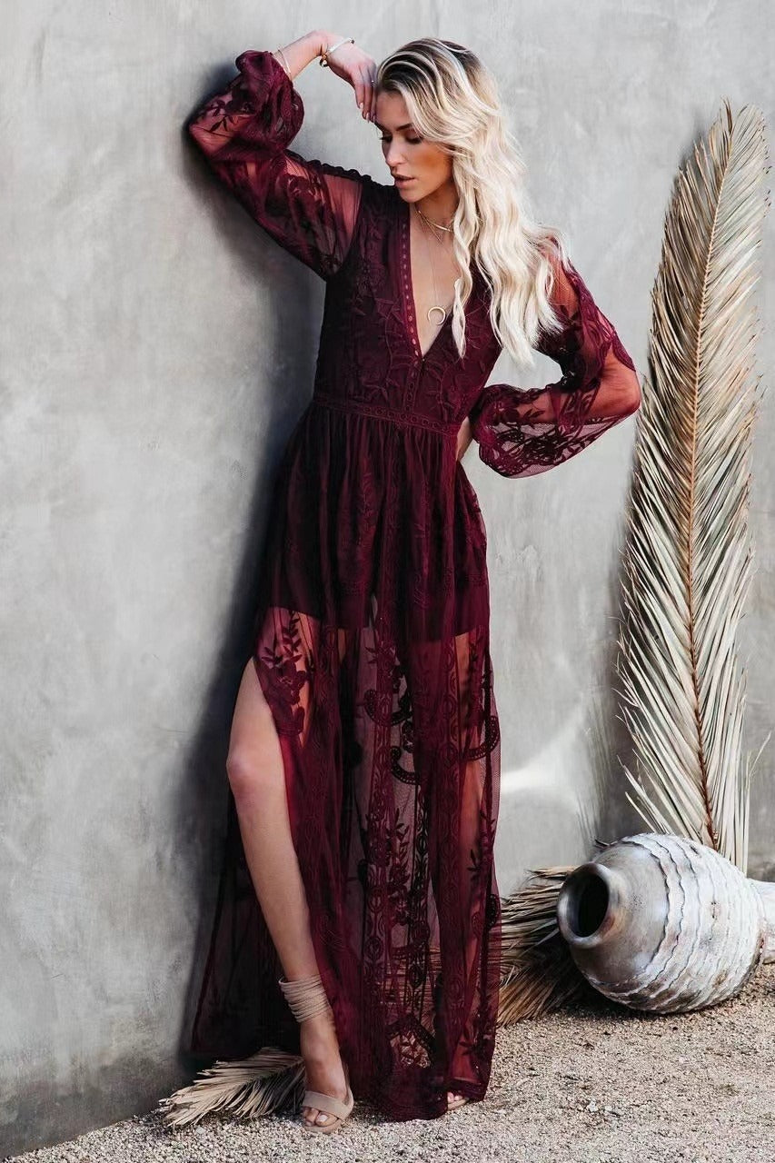 Deep V Neck Long Sleeve Floral Embroidered Mesh High Slit Maxi Dress 6