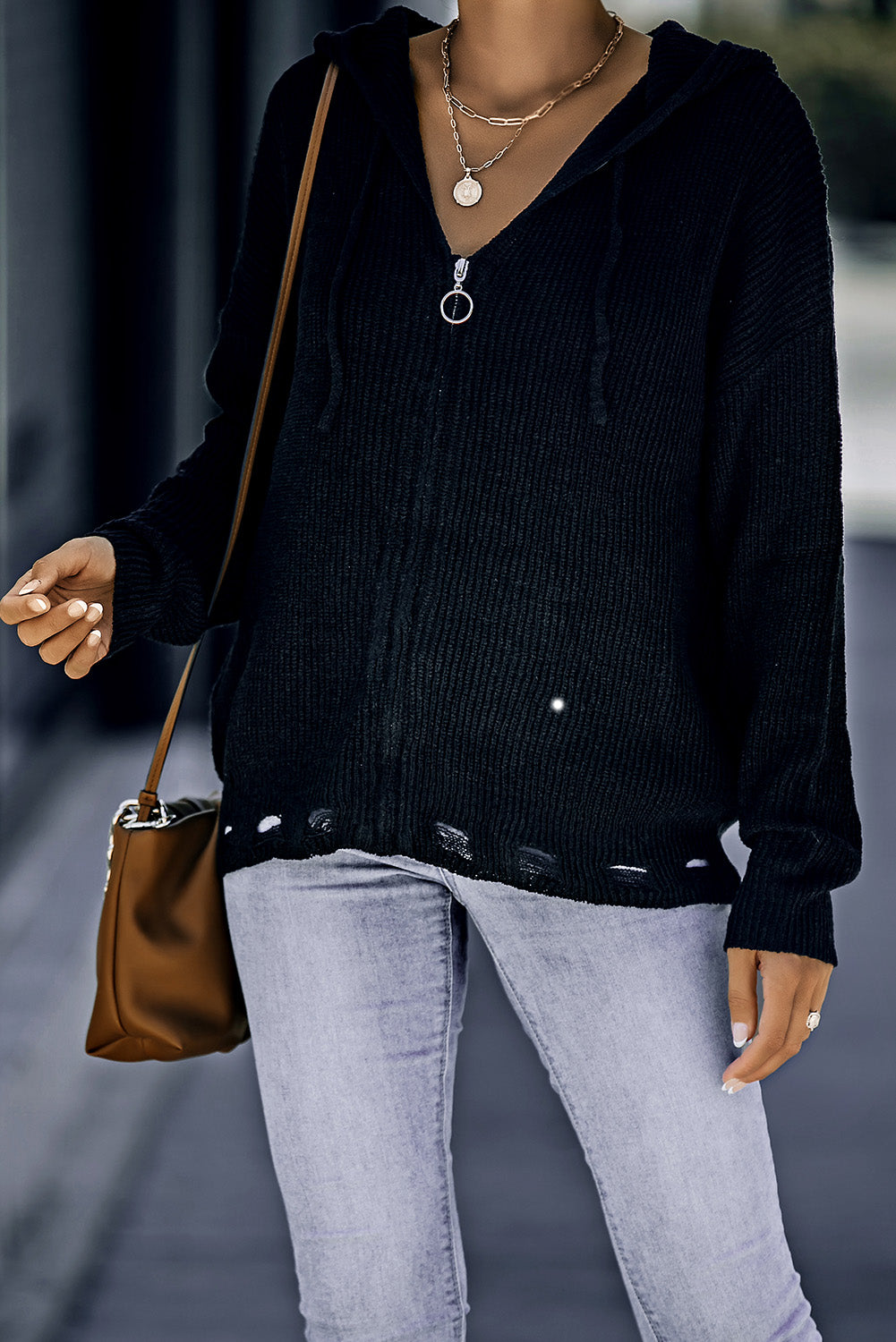 Zip Up Hooded Distressed Drawstring Knit Cardigan