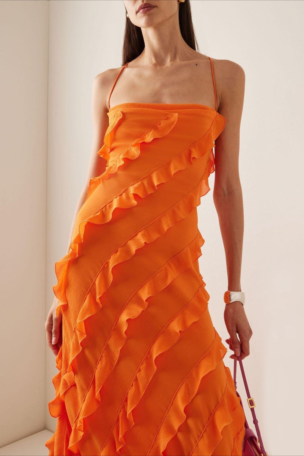 Off Shoulder Ruffle Split Hem Slip Dress