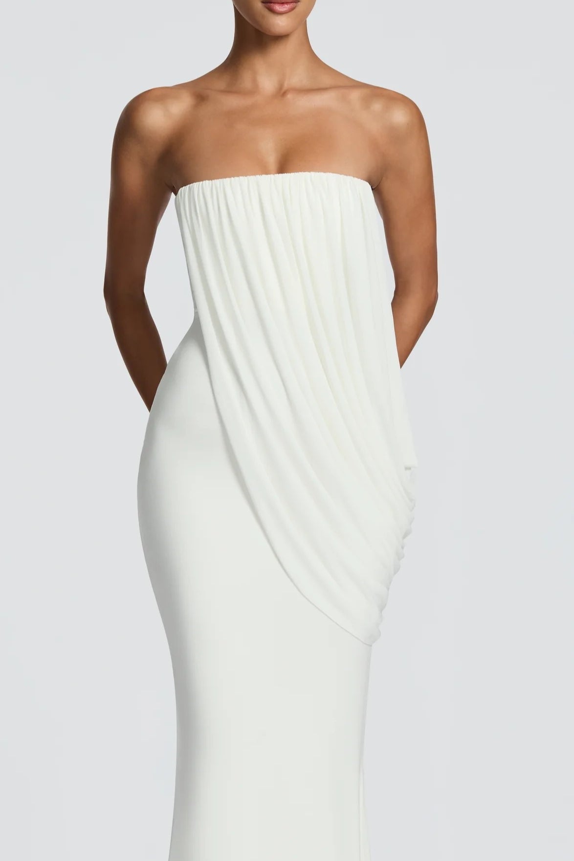 Draped Mesh Tube Irregular Ruche Maxi Slim Bodycon Dress