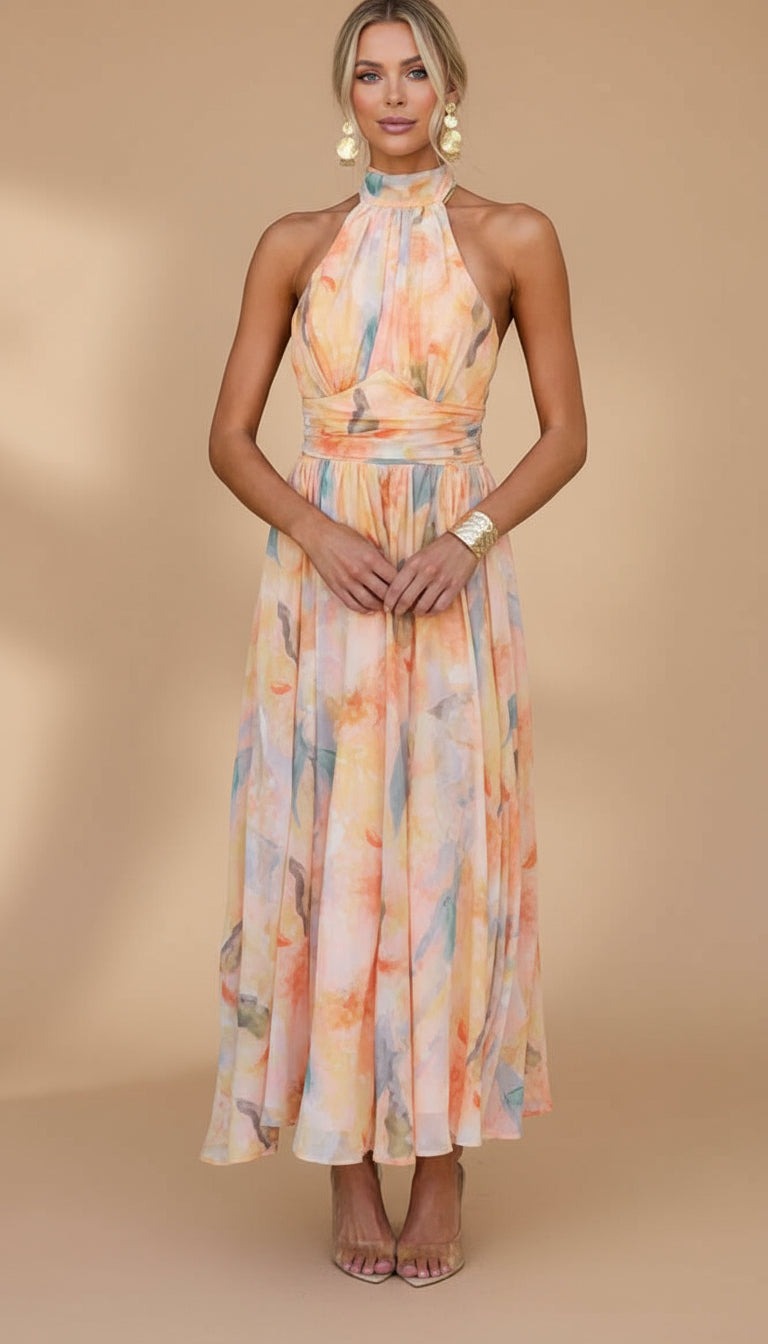 Peach Halter Neck Watercolor Print Sleeveless Chiffon Ruched A-Line Maxi Dress