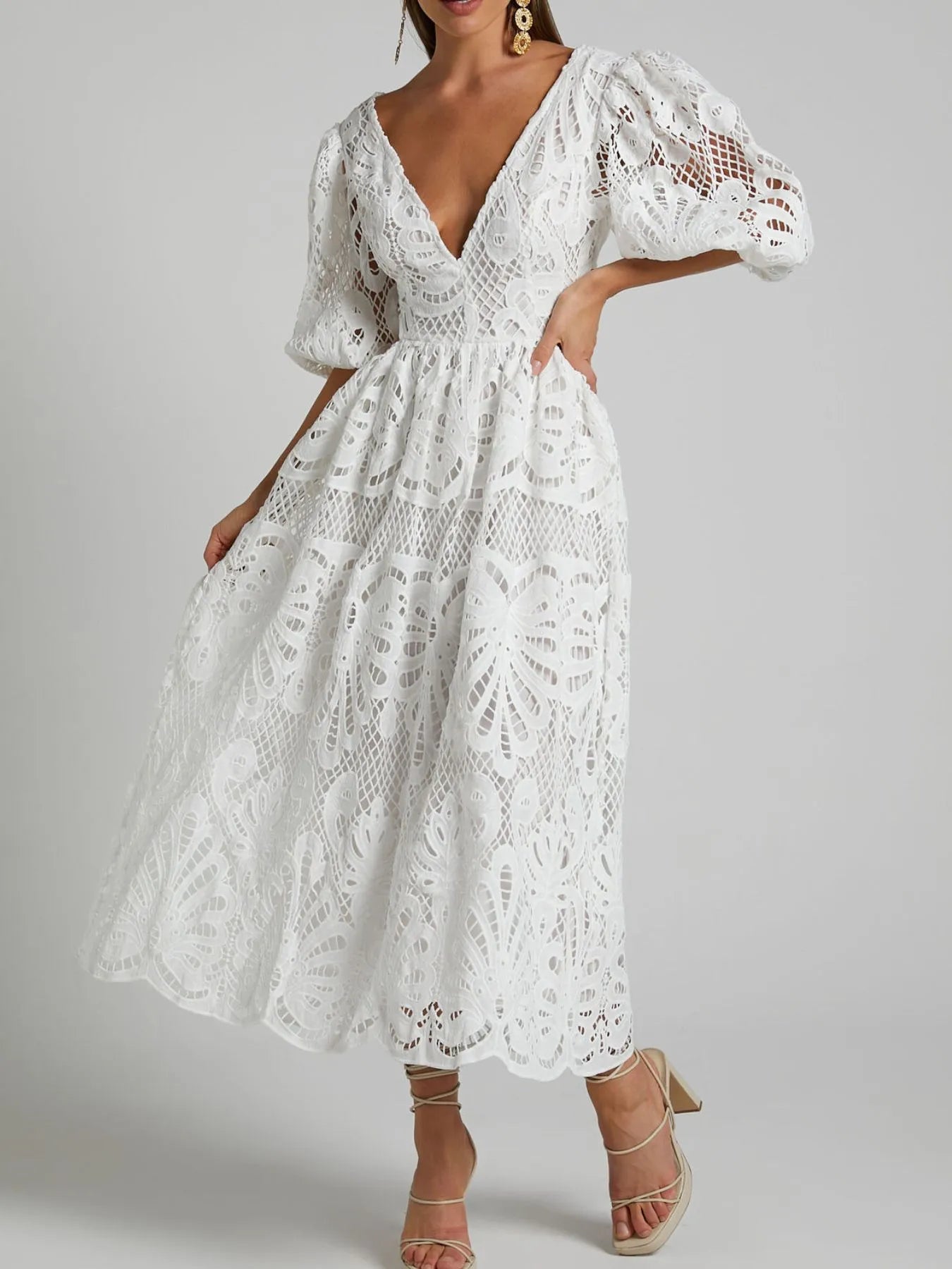 Rachele Premium Long Lace Dress with V Neck and Open Back Chic Silhouette Collection