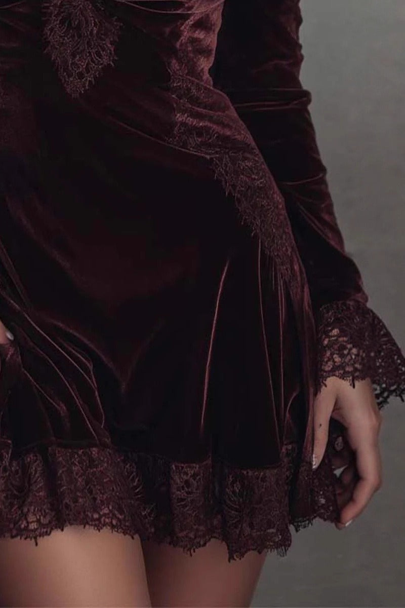 Red Velvet Lace Trim Mini Dress 3