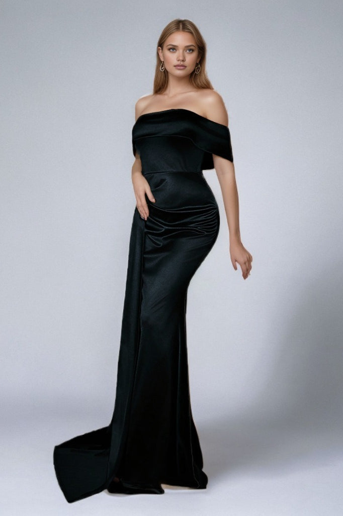 Solid Satin OffShoulder Strapless High Waist Formal Dress