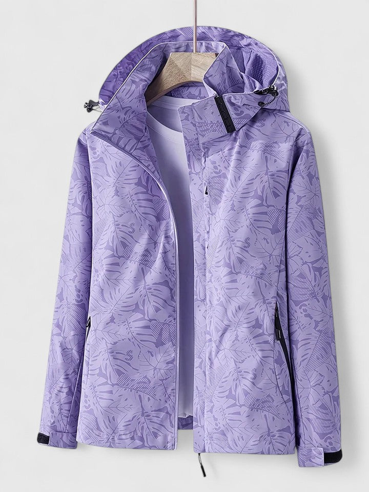 Hooded Tropical Leaf Print Zip Front Long Sleeve Windbreaker Jacket