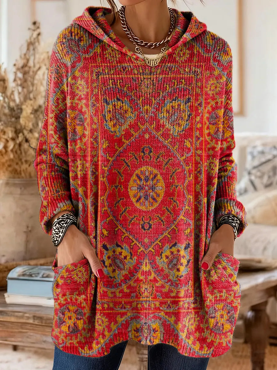 Hooded Ethnic Print Long Sleeve Pocket Knit Sweater