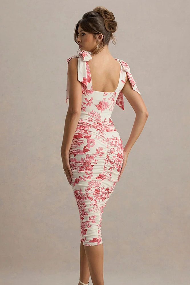 Vintage Print Ruched Midi Dress