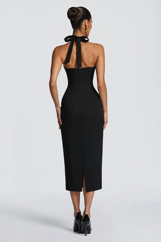 Solid Halter Neck Tie Back Midi Party Dress