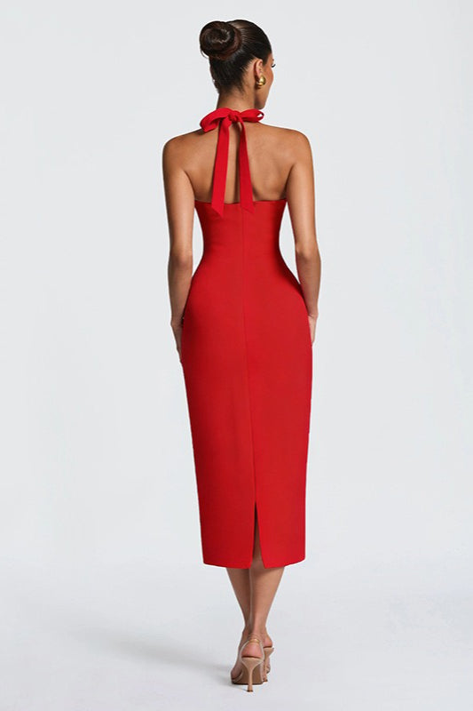 Solid Halter Neck Tie Back Midi Party Dress