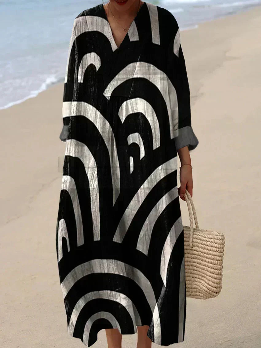 V-Neck Geometric Wave Print Long Sleeve Loose Shift Maxi Dress