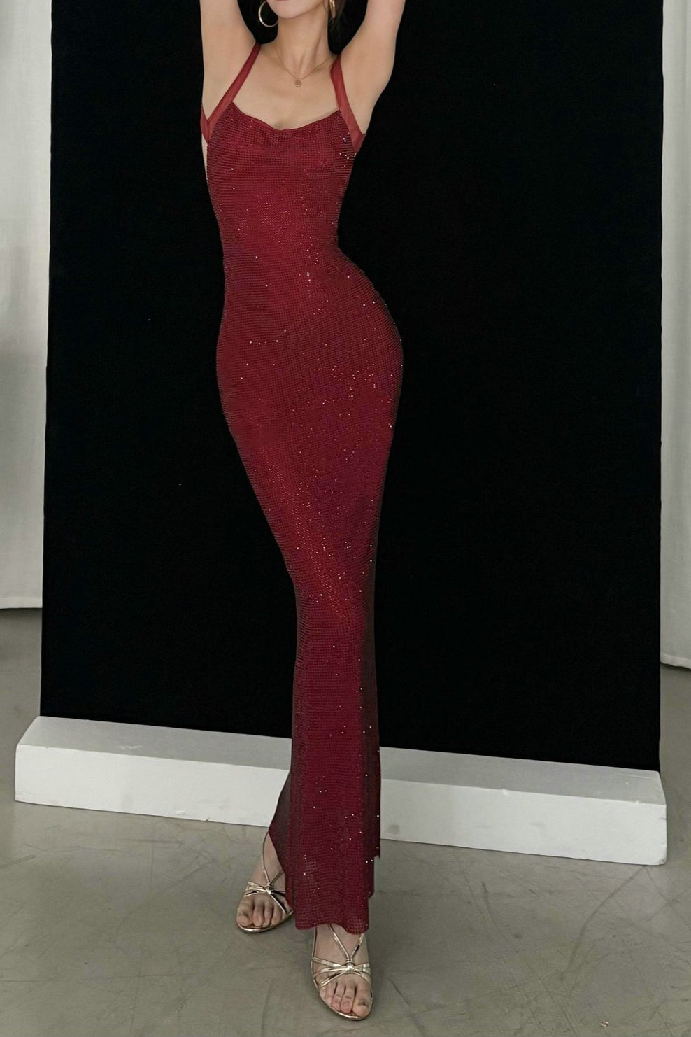 Rhinestone Cami Backless Bodycon Maxi Party Dress
