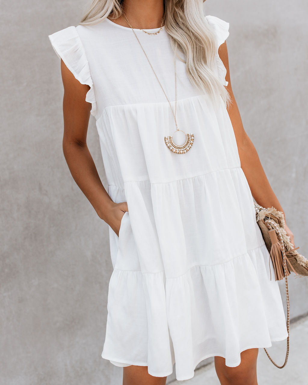 East Coast Pocketed Tiered Babydoll Dress White