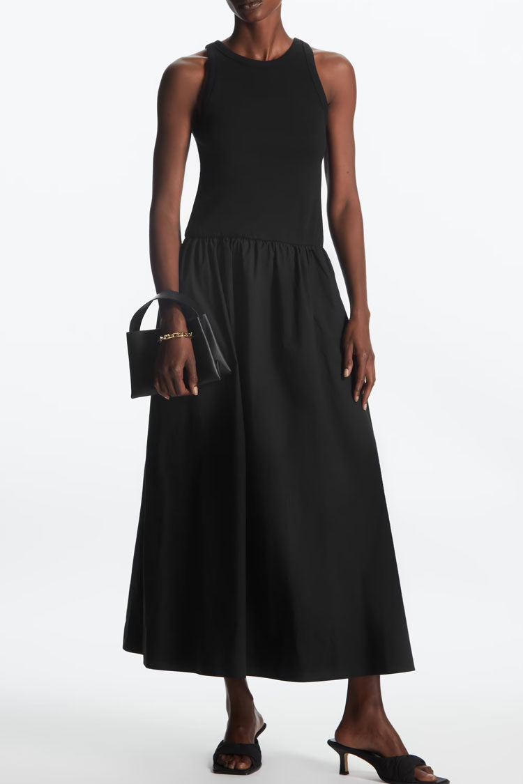 Black Crew Neck Sleeveless Drop Waist A-Line Maxi Dress