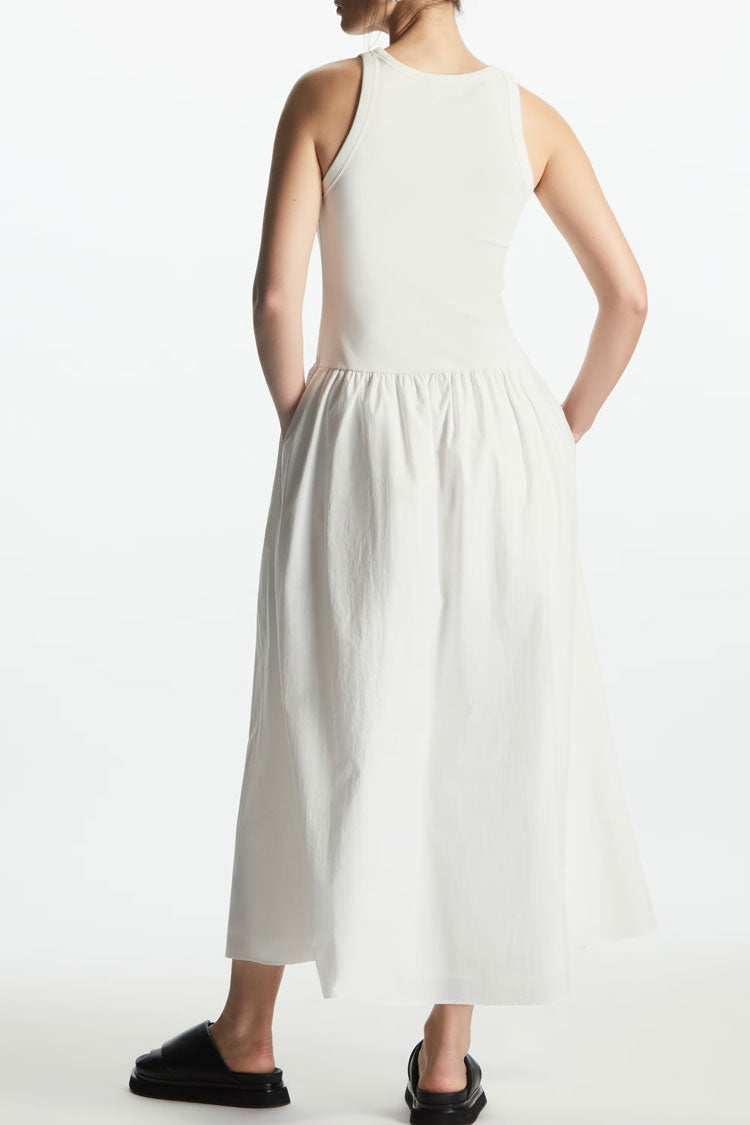 White Crew Neck Sleeveless Drop Waist A-Line Maxi Dress