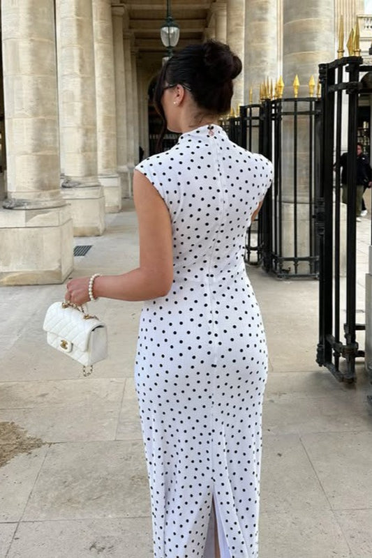 White Polka Dot Round Neck Maxi Dress 4