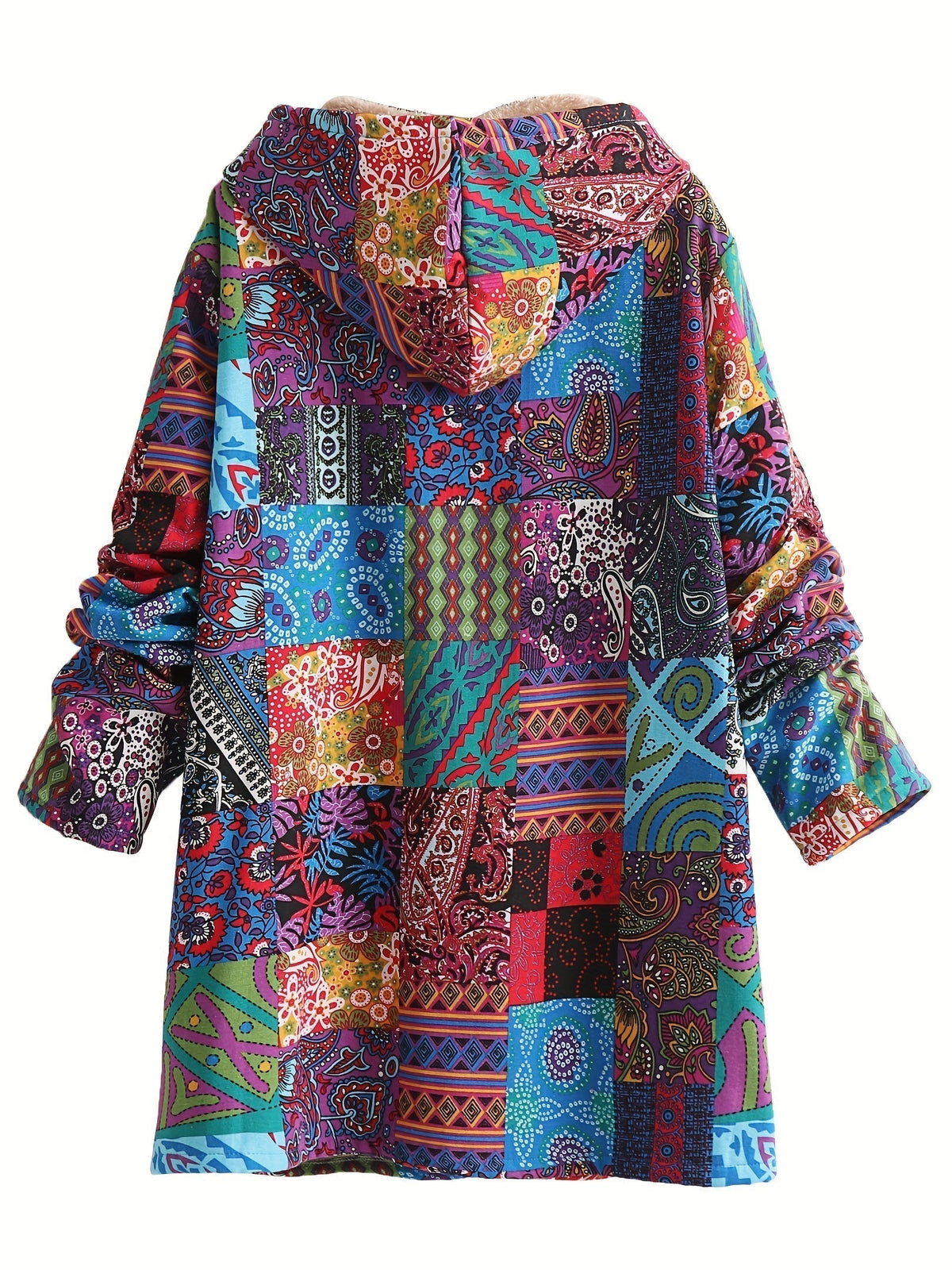 Hooded Ethnic Patchwork Print Fleece-Lined Button Front Longline Coat
