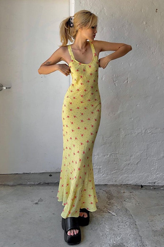 Yellow Scoop Neck Wide Strap Ditsy Floral Print Slip Maxi Dress 3