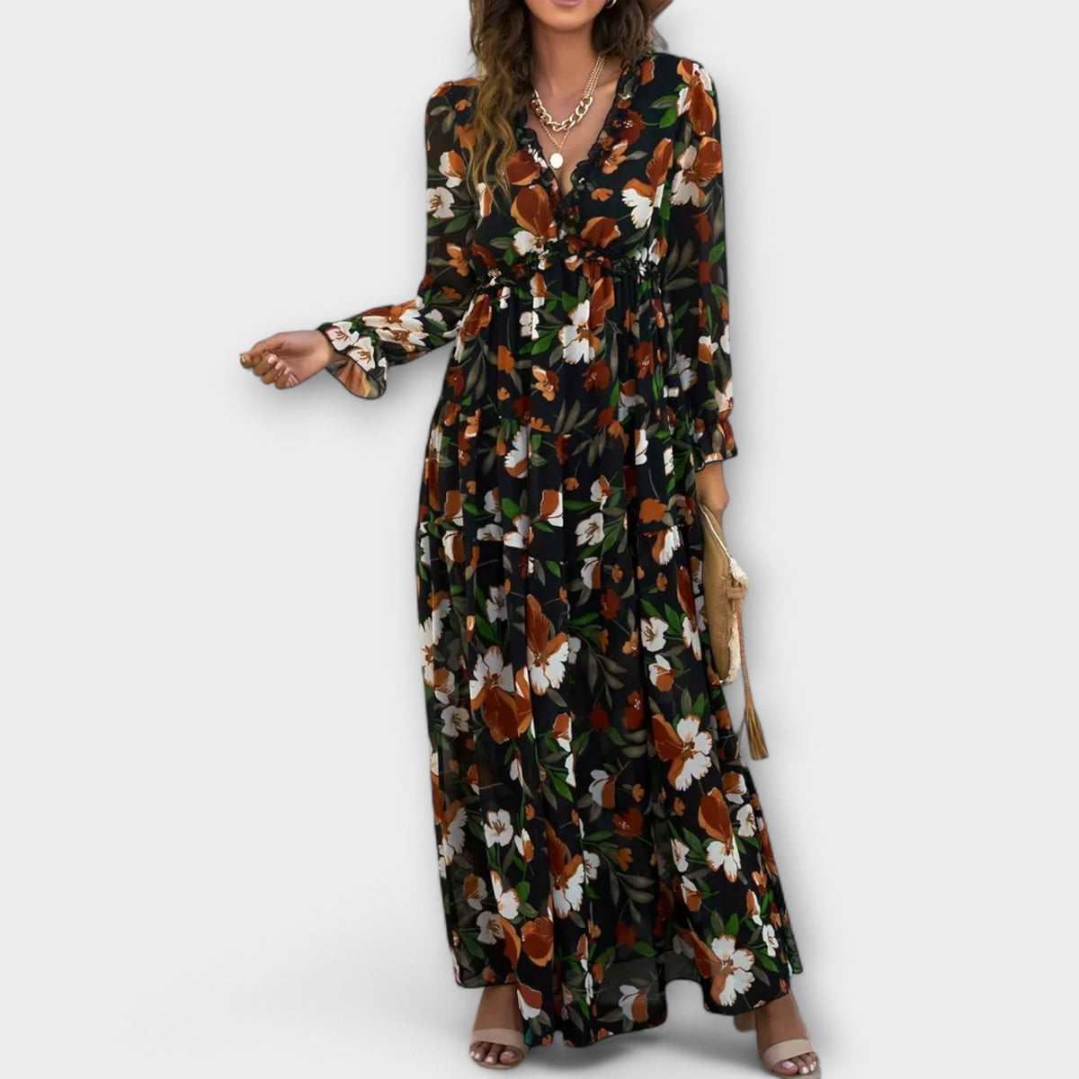 Ruffle Plunge V-Neck Floral Chiffon Long Sleeve Tiered Maxi Dress